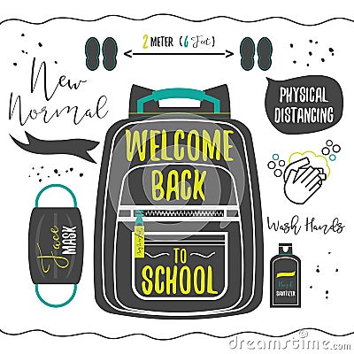 Black silhouette Welcome Back to School and new normal design with backpack, face mask, hand sanitizer, and washing hands icons Vector Illustration