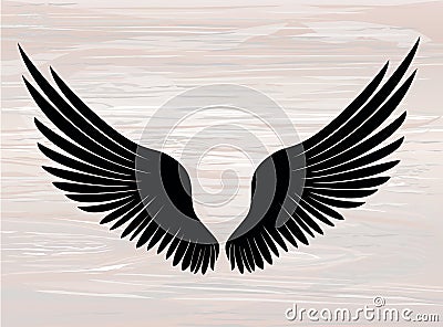 Black silhouette Wings. Vector illustration on wooden background Cartoon Illustration