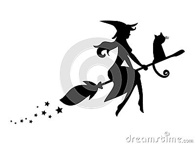 Black silhouette of a witch flying on a broomstick. Silhouette for the Halloween. Mystical illustration. Vector outline Vector Illustration