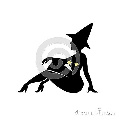 Black silhouette of witch in hat, halloween. Vector Illustration
