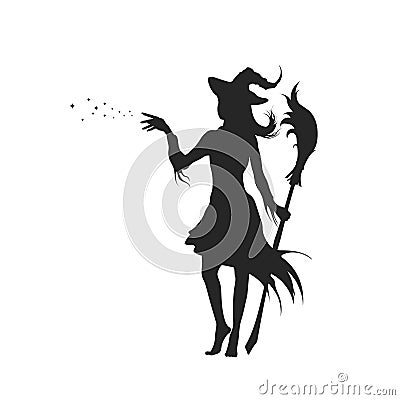 Black silhouette of witch with hat. Halloween party. Isolated image of conjuring sorcerer. Young mage with broom Vector Illustration