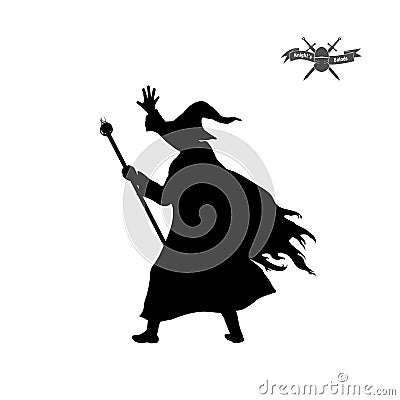 Black silhouette of wizard with hat and staff on white background.Isolated image of fantasy magician Vector Illustration