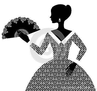 Black silhouette of woman in retro ornamental dress with open fa Vector Illustration