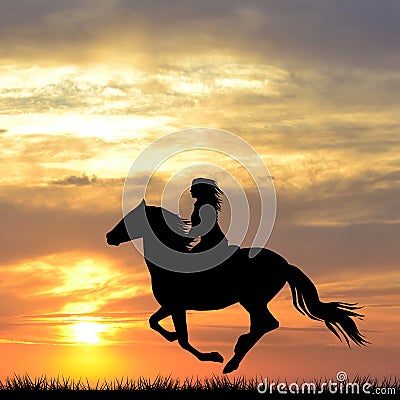 Black silhouette of woman riding a horse at sunrise Stock Photo