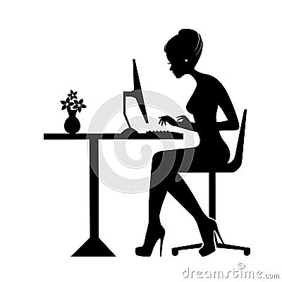 Black silhouette of a woman sitting behind a computer icon Stock Photo