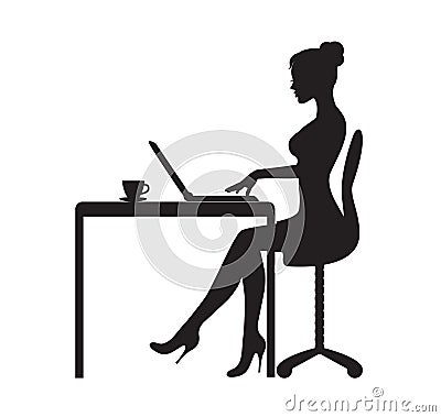The woman is sitting at the computer Vector Illustration