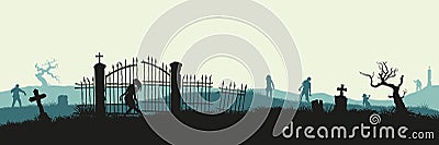 Black silhouette of zombies on cemetery background. Nightmare landscape with dead people. Panorama of undead monster Vector Illustration