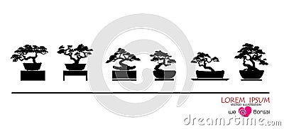 à¸ºBlack Silhouettes of Bonsai trees in pots on the table. Vector Illustration