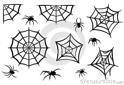 Black silhouettes of spiders and spider webs. Halloween elements isolated on white background. Vector illustration Vector Illustration