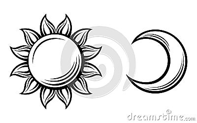 Black silhouettes of the sun and the moon. Vector Vector Illustration