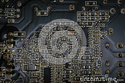 Silicon Computer Motherboard with Solder and Circuits Stock Photo