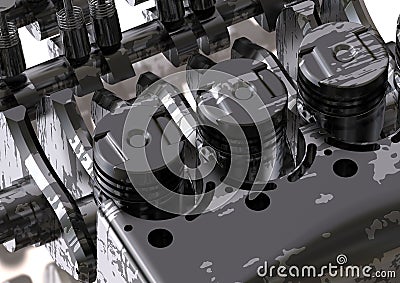 Black and silver car engine disassembled on a white Stock Photo