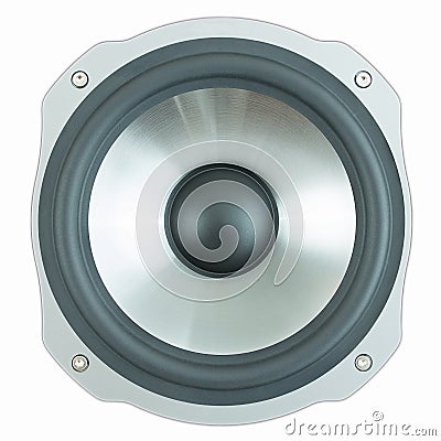 Black and silver speaker isolated on white background. Speaker woofer close up. Stock Photo