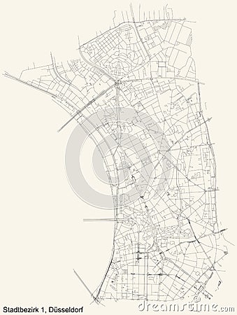 Street roads map of the Stadtbezirk 1 district of DÃ¼sseldorf, Germany Vector Illustration