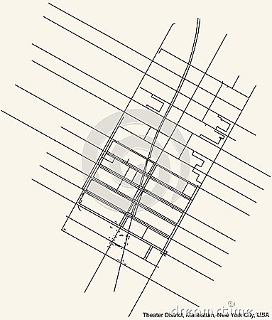 Street roads map of the Theater District neighborhood of the Manhattan borough of New York City, USA Vector Illustration