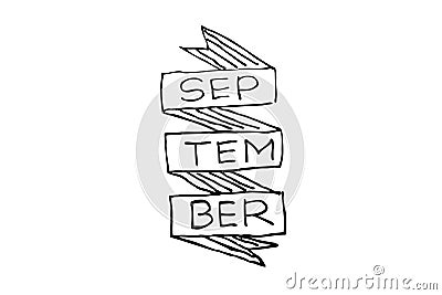 Black Simple Vector Hand Draw Sketch Lettering, September Text at Ribbon Vector Illustration