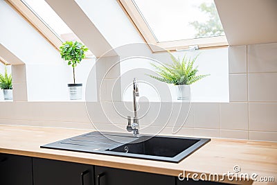 Black sink in the kitchen. Stock Photo