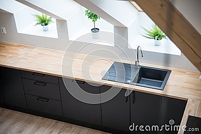 Black sink in the kitchen. Stock Photo