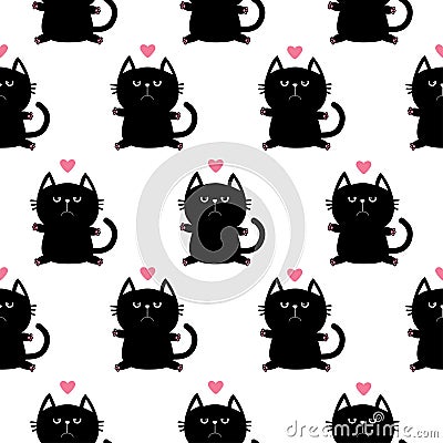 Black sitting cat head with paw print and little pink heart. Cute cartoon character. Baby pet collection. Seamless Pattern Vector Illustration