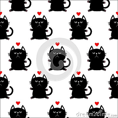 Black sitting cat head with paw print and red heart. Cute cartoon character. Baby pet collection. Seamless Pattern Wrapping paper Vector Illustration