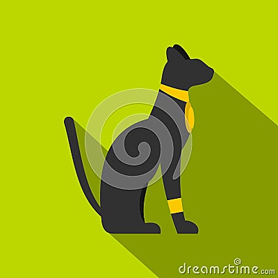 Black sitting Egyptian cat icon, flat style Vector Illustration