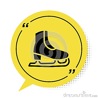 Black Skates icon isolated on white background. Ice skate shoes icon. Sport boots with blades. Yellow speech bubble Vector Illustration
