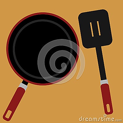 Black skillet and empty black frying pan with red handle. Isolated. Cartoon illustration. Cooking concept. Cartoon Illustration