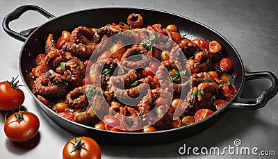 A black skillet filled with tomatoes, onions, and meat Stock Photo
