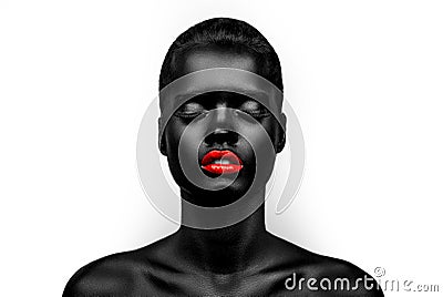 Black-skin female model with a red lips Stock Photo