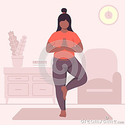 Black Skin Pregnant Woman Doing Vrikshasana Yoga At Home Vector Illustration In Flat Style Vector Illustration