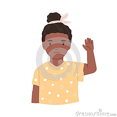Black-skinned girl greeting smb by hi gesture. Little child waving with hand and saying hello. Portrait of smiling Vector Illustration