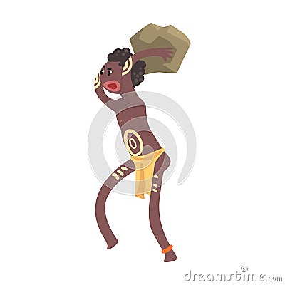 Black skinned man aborigine with stone in his hands Vector Illustration