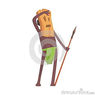 Black skinned man aborigine warrior with weapon and wooden mask Vector Illustration