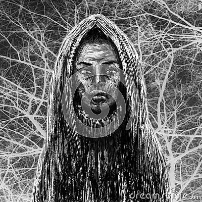 Black skinned shaman girl in hood. Black and white background Cartoon Illustration