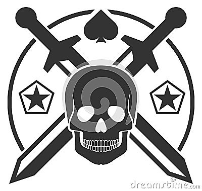 Black skull with crossed logo. Fighter round logo Vector Illustration