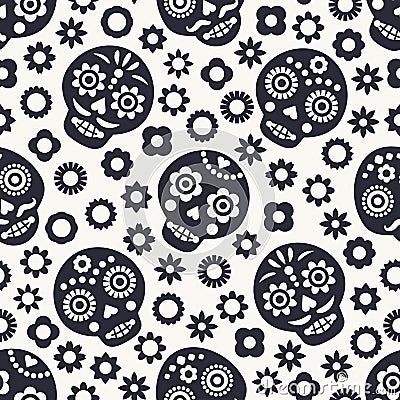 Black skull vector seamless pattern. Day of the dead elements with flowers and skull. Dia de los muertos holiday background Vector Illustration