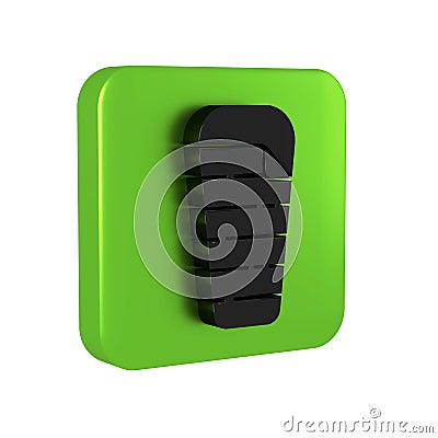 Black Sleeping bag icon isolated on transparent background. Green square button. Stock Photo