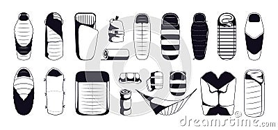 Black sleeping bag icons. Simple monochrome silhouettes of comfortable travel sleep bedding equipment, trip camping mat Vector Illustration