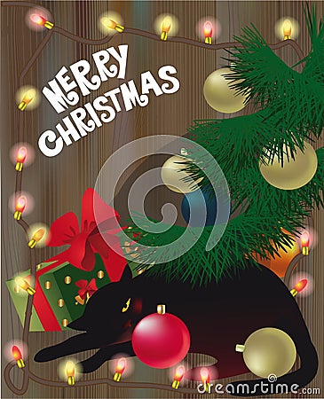 Black sleeping cat under the Christmas tree Vector Illustration