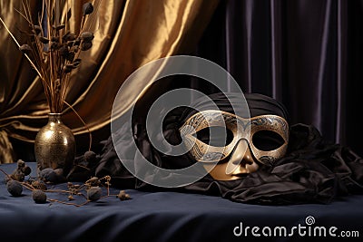 a black sleeping mask on a luxurious gold silk pillow Stock Photo