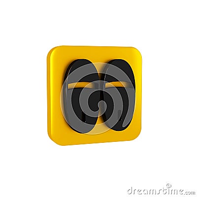 Black Slippers icon isolated on transparent background. Flip flops sign. Yellow square button. Stock Photo
