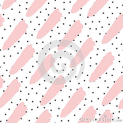 Black small dots and pink brush strokes on white background. Abstract seamless pattern. Vector Illustration