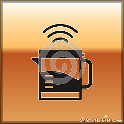 Black Smart electric kettle system icon isolated on gold background. Teapot icon. Internet of things concept with Vector Illustration