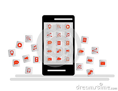 Black Smartphone with cloud of application icons and Apps icons flying around them, isolated on White background. Vector Illustration