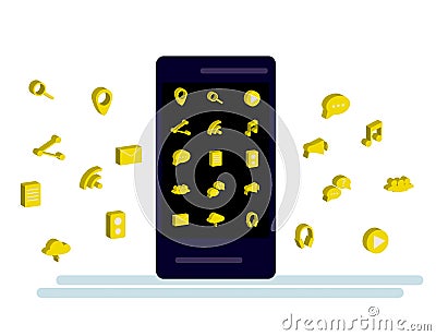 Black Smartphone with cloud of application icons and Apps icons flying around them, on White background. Vector Illustration