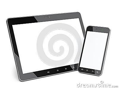 Black smartphone and tablet with blank screen. Stock Photo