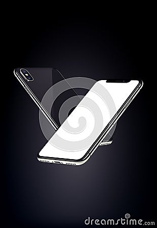 Black smartphones like iPhone X mockup soaring in the air on dark background Cartoon Illustration