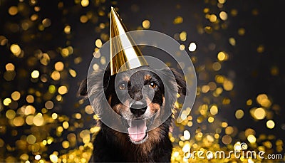 A black smiling dog in a golden birthday hat, a dog celebrating New Year's Eve Stock Photo