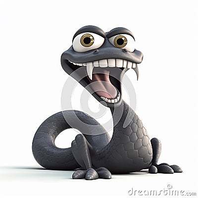 Black snake, angry poisonous snake, funny cute cartoon 3d illustration on white background, Cartoon Illustration