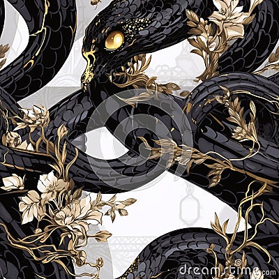 Black snakes.Seamless magical fantasy pattern with snakes and dragons.Scales Stock Photo